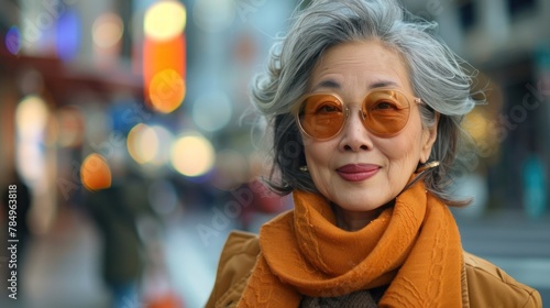 A fashionable elderly Asian woman walks confidently on the street.