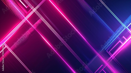 Dark neon abstract background with glowing arrow lines. Modern shiny neon geometric lines design. Technology futuristic concept. Horizontal banner template photo