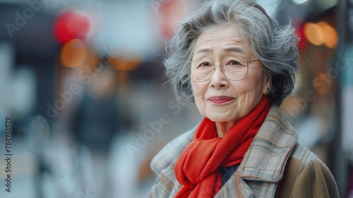 A fashionable elderly Asian woman walks confidently on the street. © sirisakboakaew