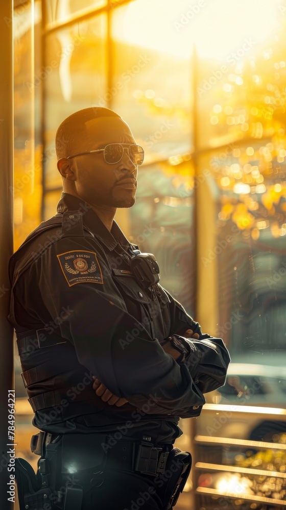 A police officer in uniform standing alertly in front of a building, displaying a strong and authoritative presence. The officer appears vigilant and ready to respond to any potential security concern