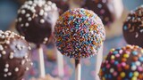 Delicious cake pops decorated with frosting chocolate and sprinkles