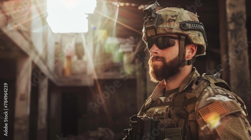 A man with a beard is wearing a helmet and sunglasses. He appears confident and ready for action, possibly a soldier or motorcyclist.