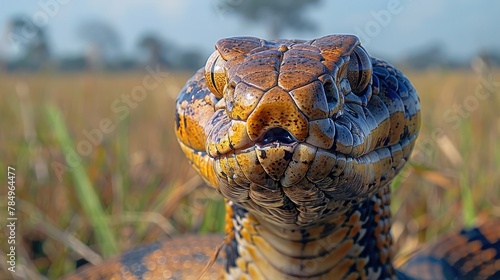 The cobra Bungarus candidus displays itself among the grasses, displaying charming patterns on the plains of Asia. photo