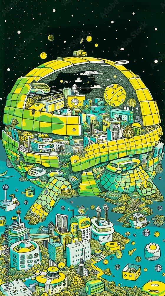 Obraz premium A tortoise carrying a random, miniature world on its shell, a slowmoving cosmos