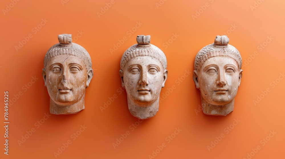 Obraz premium Classical ancient marble gypsum stoic, roman, greek bust, busts head sculpture against a colored background representing historical figures 