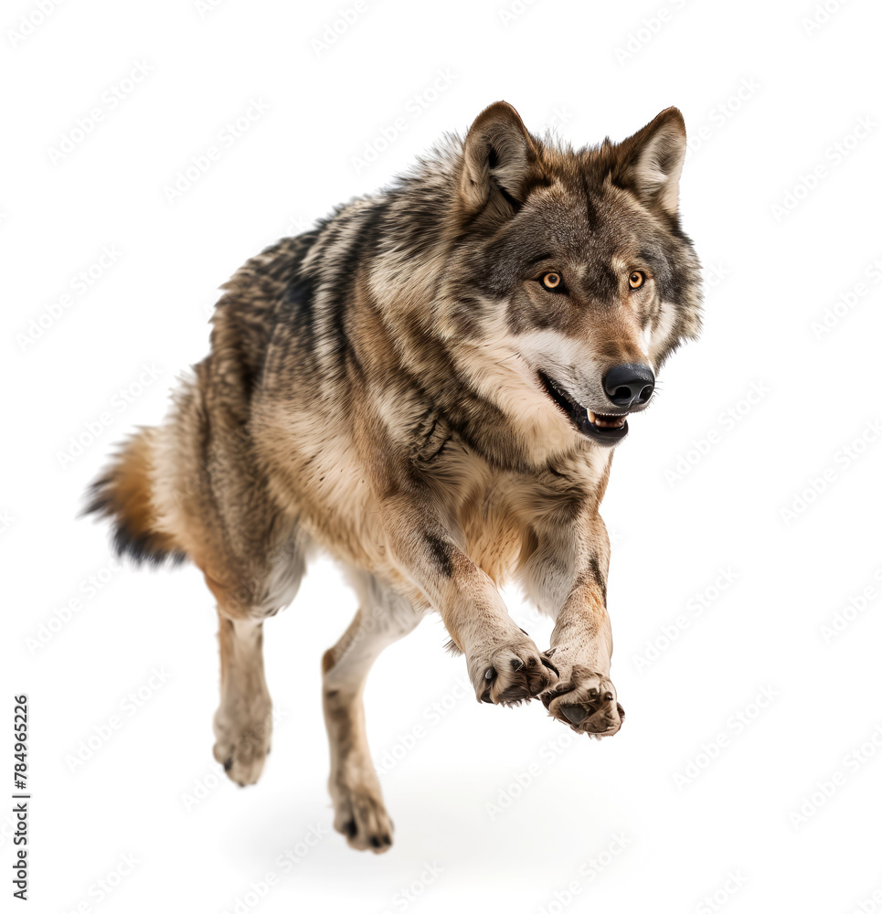 Grey wolf leaping dynamically against white back Grey wolf leaping dynamically against white back