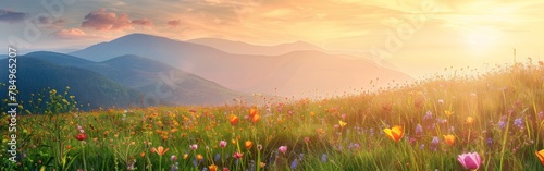 A field filled with colorful flowers stretches towards towering mountains in the background. The vibrant flowers contrast starkly with the rugged mountain peaks under a clear sky.