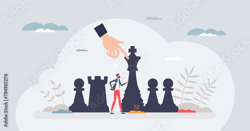 Human management and strong leadership for employees tiny person concept. Social resources organization with recruitment and personnel selection vector illustration. HR labor relationship guidance.