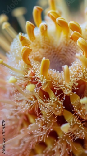The image showcases a detailed close-up of a Banksia flower, highlighting numerous vibrant stamen protruding from the center. The intricate patterns and structures of the stamen are prominently displa