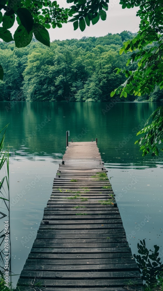 Obraz premium A wooden dock extends over the calm waters of a lake, providing a platform for boats to dock and people to enjoy the peaceful surroundings.