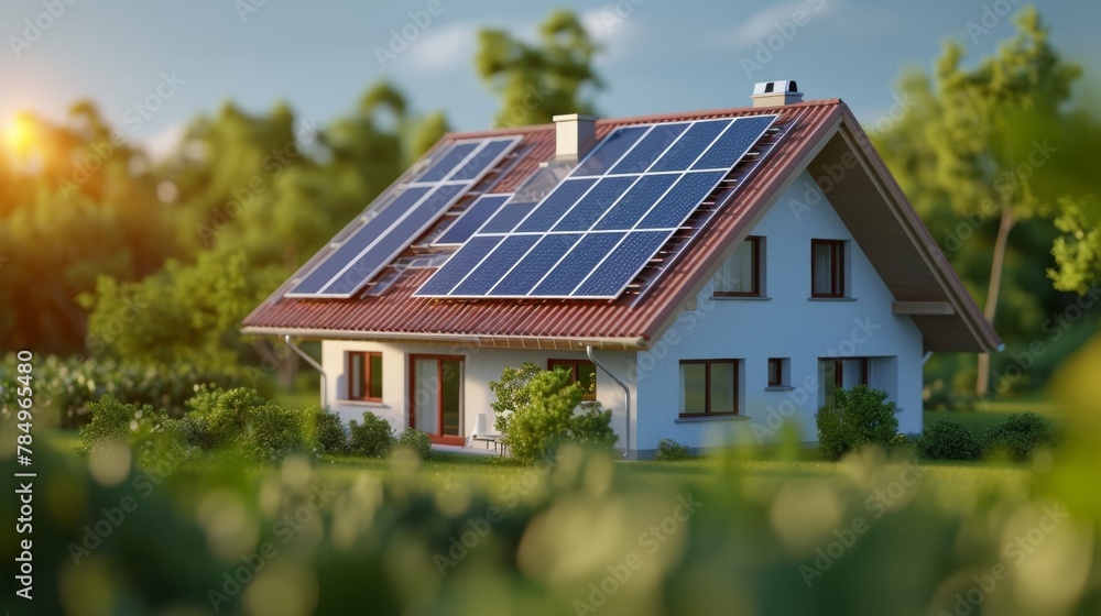 Futuristic generic smart home with solar panels rooftop system for renewable energy concepts as wide banner with copyspace area Futuristic generic smart home with solar panels rooftop system for renewable energy concepts as wide banner with copyspace area