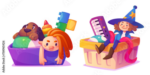 Kid toy box. Baby play ball cartoon illustration. Isolated child doll, plush dog, block and music object stuffed in storage chest. Playtime element pile collection for kindergarten or shop graphic.