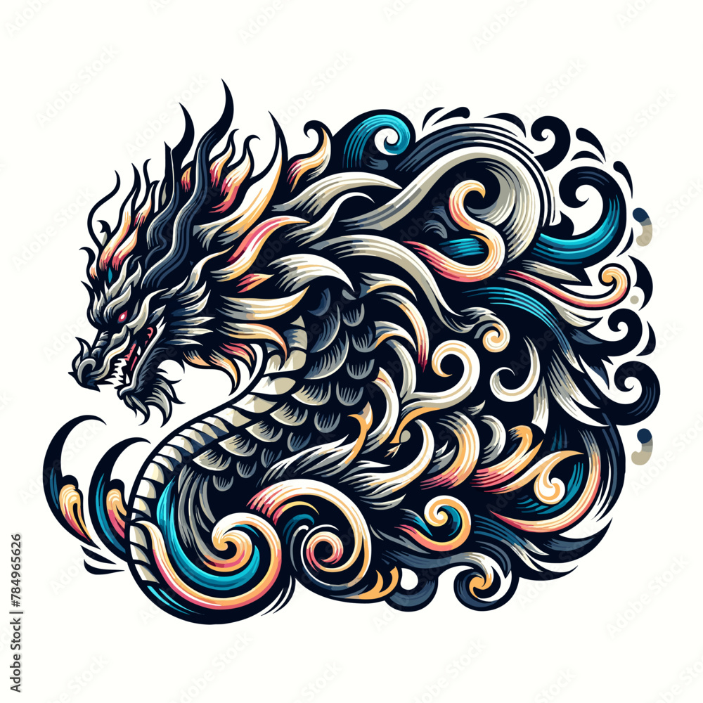 Intricately detailed dragon vector art.