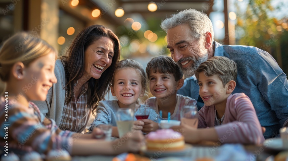 Happy multi-generational family having a birthday party in the courtyard. Happy multi-generational family having a birthday party in the courtyard.