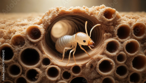 a termite with a pale, almost translucent body, navigating through a network of mud tubes on a wooden surface © CHOI POO