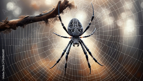 a spider with a detailed black and grey body, resting on a web spun between two branches