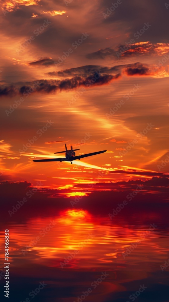 A motor plane silhouetted against the colorful sunset sky as it flies through the clouds, creating a striking contrast.