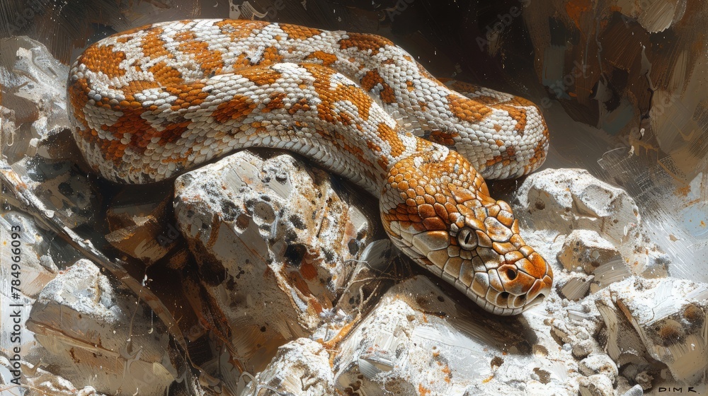 Diamond Python Resting Atop a Pile of Sun-Warmed Rocks, Blending ...