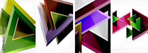 A vibrant composition of colorful triangles, rectangles, and patterns in shades of purple and violet on a white background. A creative arts display