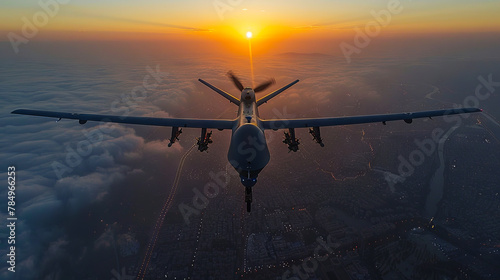 A military plane flying over a city at sunset. photo