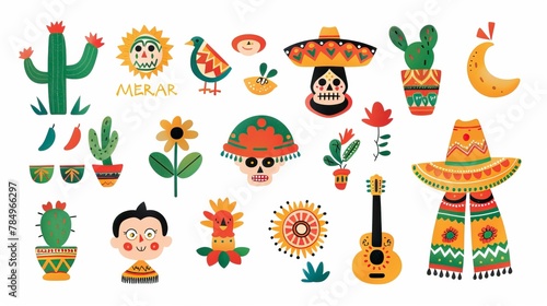Cart  flat color  vector clipart  cute illustrations  stickeoon Mexican elements  Vector illustration of cute cartoon Mexican icons on a white background.Cinco de Mayo celebration idea. 
