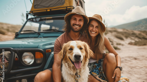 Smiling Couple with Dog on a Road Trip Adventure © Natalia Klenova