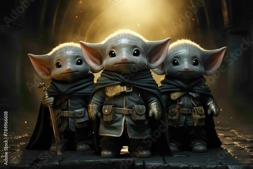 A trio of grey baby elephants in superhero capes, marching on a grey background. photo