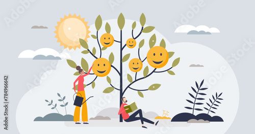 Positive psychology and inner mindset emotion development tiny person concept. Happy wellbeing with calm and relaxing life moments vector illustration. Psychological therapy for good mental health.