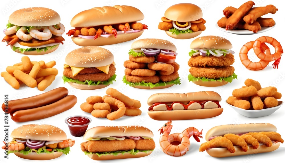 Foods-isolated-on-white-background--sandwich--hamburger--onion-rings--shawarma--turkey-roast--prawns--chicken-nuggets--chicken-wings--hot-dog--Fast-food-closeup-collection--Fast-food Foods-isolated-on-white-background--sandwich--hamburger--onion-rings--shawarma--turkey-roast--prawns--chicken-nuggets--chicken-wings--hot-dog--Fast-food-closeup-collection--Fast-food