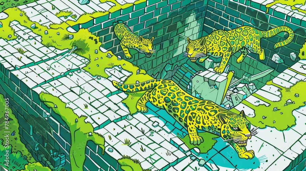 Fototapeta premium Jaguars prowling through a random, ancient temple ruins, guardians of forgotten realms