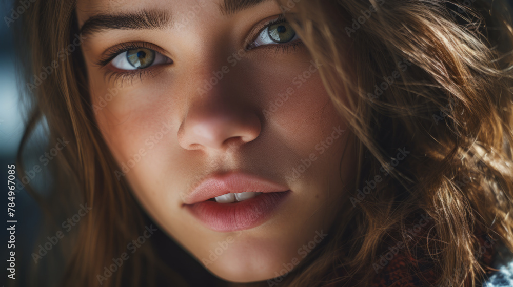 Contemplative Young Woman with Hazel Eyes and Wind-Swept Hair Contemplative Young Woman with Hazel Eyes and Wind-Swept Hair