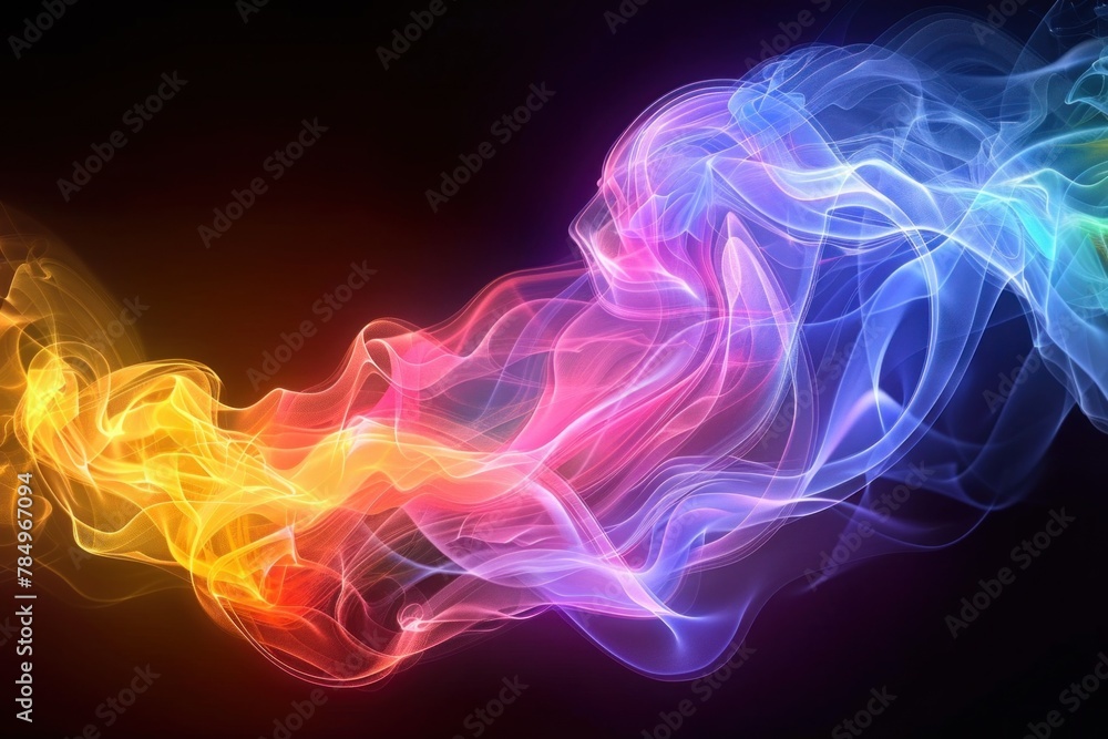 A vibrant swirl of rainbow-colored smoke flows elegantly against a dark backdrop, creating an abstract and colorful display. A vibrant swirl of rainbow-colored smoke flows elegantly against a dark backdrop, creating an abstract and colorful display.