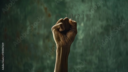 clenched fist held high in front of a dark background