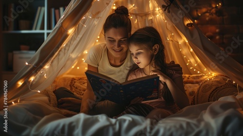 Mother and daughter enjoy reading under a bright tent in their bedroom.