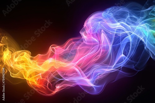 A vibrant swirl of rainbow-colored smoke flows elegantly against a dark backdrop  creating an abstract and colorful display.