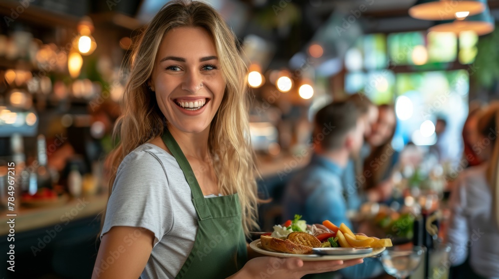 Happy waitress serving food to group of friends in pub