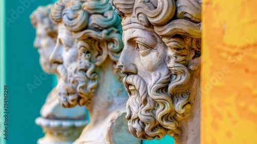 Classical ancient marble gypsum stoic, roman, greek bust, busts head sculpture against a colored background representing historical figures 