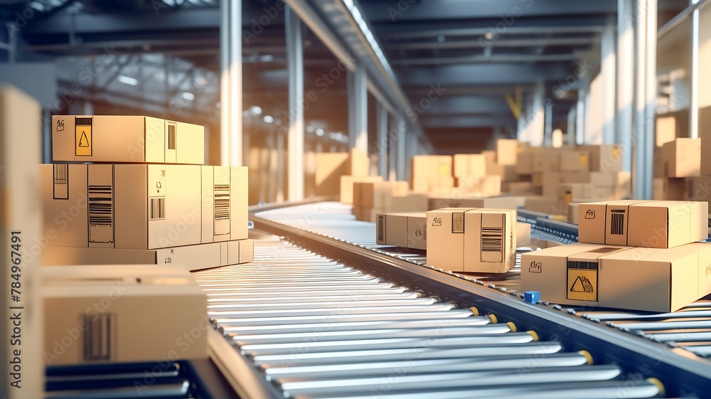 Cardboard boxes on conveyor belt in warehouse. 3d rendering Cardboard boxes on conveyor belt in warehouse. 3d rendering
