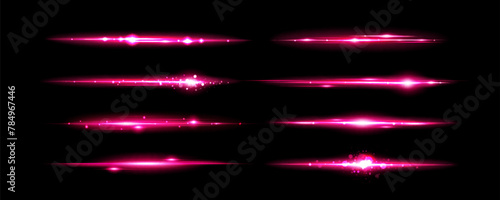Pink light flare effect with magic lens sparkle shine. Flash glare glow with glitter on neon line vector. Abstract bright beam divider collection. Festive and glamour magenta border overlay asset