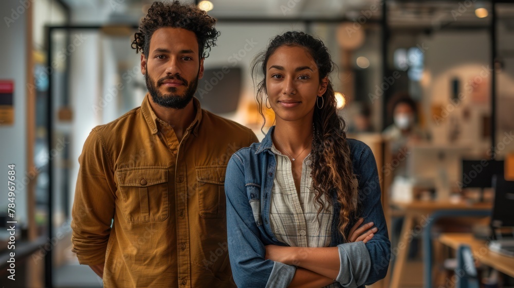 Confident business man and woman standing in creative office