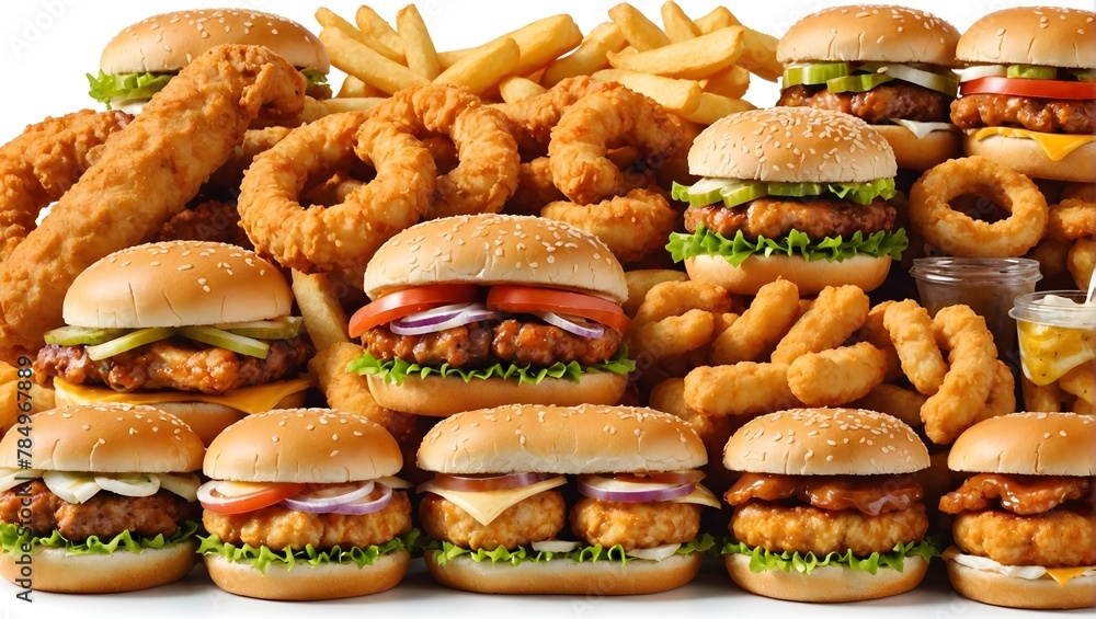 Delicious-Fast-Foods-isolated-on-white-background--sandwich--hamburger--onion-rings--shawarma--turkey-roast--prawns--chicken-nuggets--chicken-wings--hot-dog--Fast-food-closeup-collection--Fast-food 