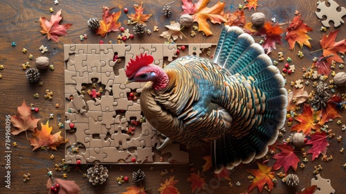 Top view of cute turkey playing a jigsaw puzzle, Ai Generated. © Crazy Juke