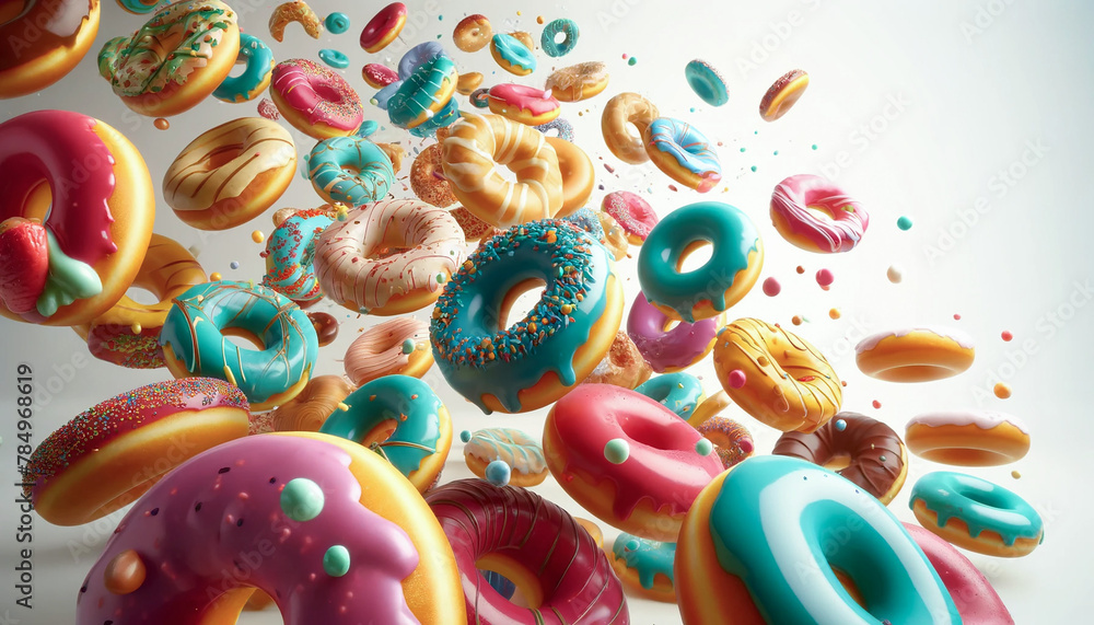 Sweet donuts in motion, adorned with multicolored fruit glazes and sprinkles.