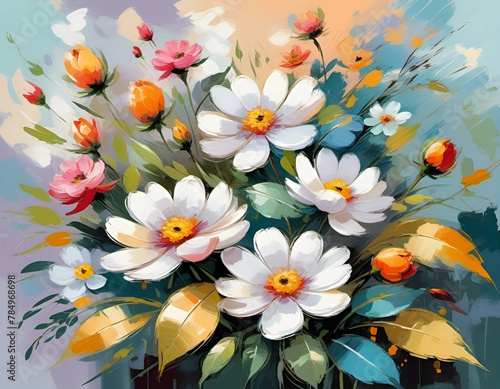 Bouquet of fresh flowers background, impressionism painting style