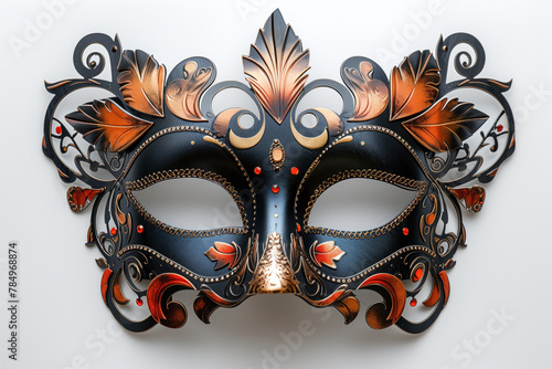 Luxurious Venetian masquerade mask with intricate gold detailing and jewels. © Anna