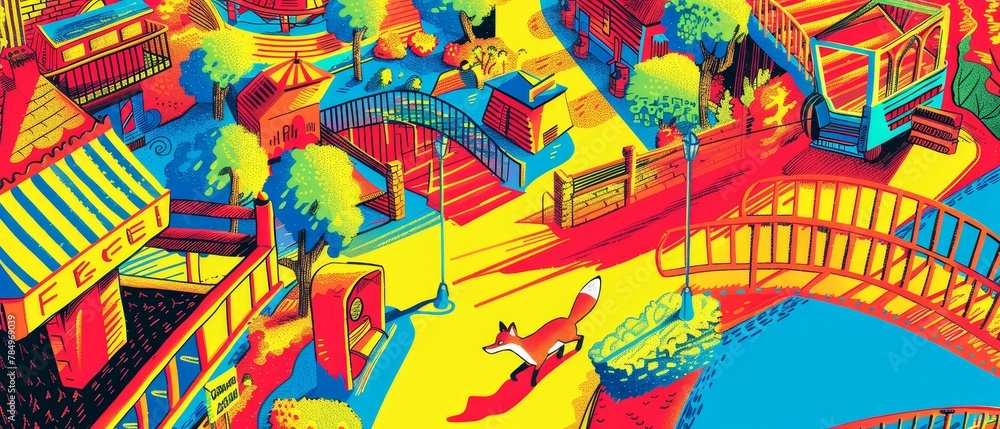 Fototapeta premium The secret nightlife of urban foxes, exploring a random, deserted amusement park