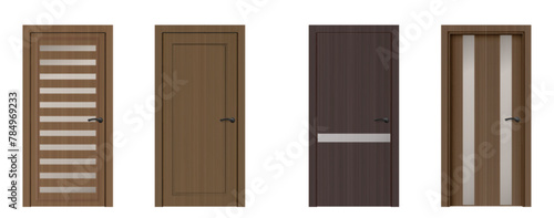 3d wooden realistic front door design isolated. Wood modern entrance in brown collection. House gate frame with metal handle closeup mockup asset set. Closed exit various doorframe mock up