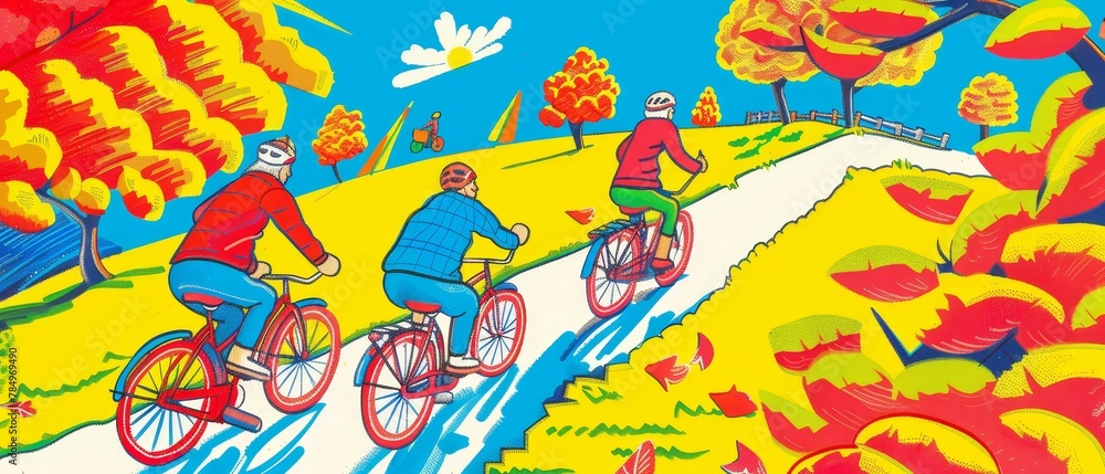 Fototapeta premium A group of elderly cyclists on a random, scenic route, wind in their hair, freedom in their hearts