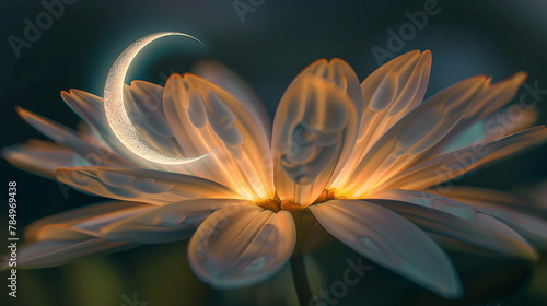 A crescent moon captured through the delicate petals of a night-blooming flower 32k  full ultra hd  high resolution