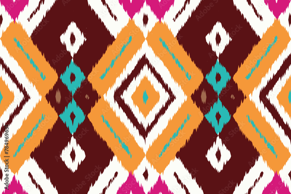 Ikat ethnic seamless pattern design. Aztec fabric carpet mandala ornaments textile decorations wallpaper. Tribal boho native ethnic turkey traditional embroidery vector background Ikat ethnic seamless pattern design. Aztec fabric carpet mandala ornaments textile decorations wallpaper. Tribal boho native ethnic turkey traditional embroidery vector background